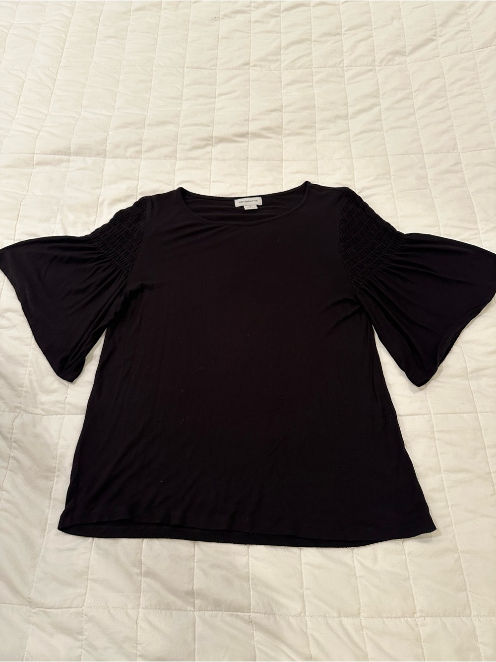Liz Claiborne Black Smocked Shoulder Bell Sleeve Top
